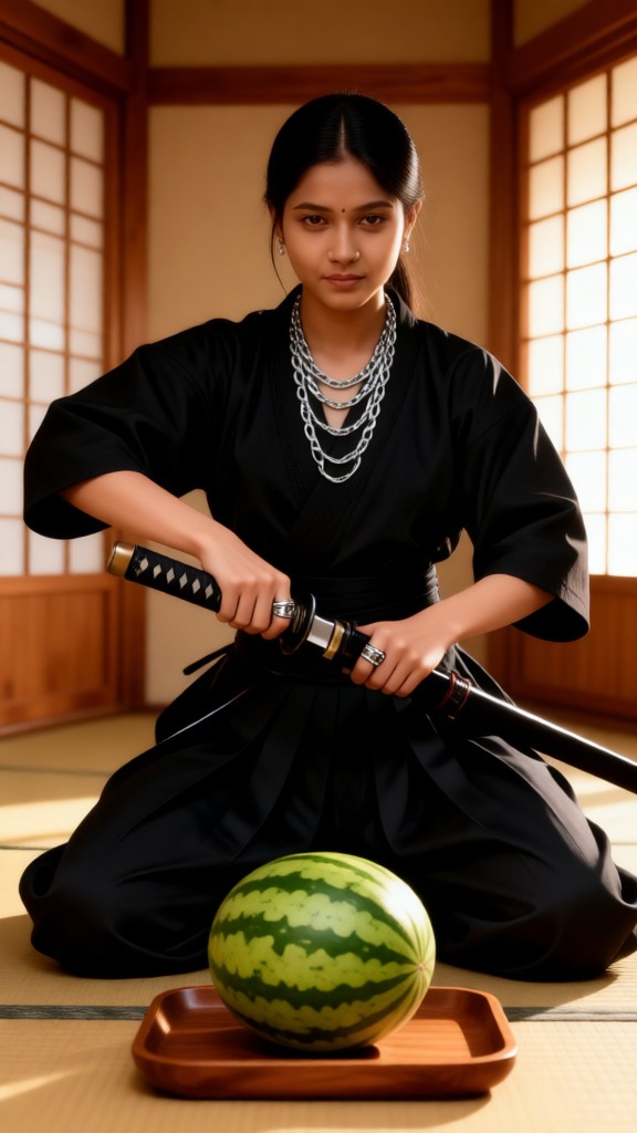 Female warrior uses sword qi to cut fruits image