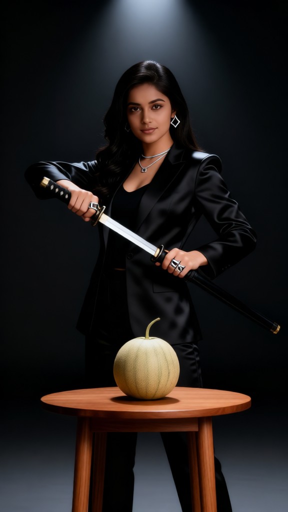 Modern Cold-Feeling Female Warrior: Fruit Slicing image