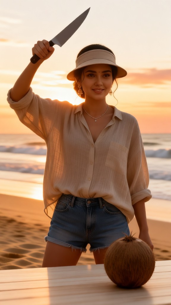 Cutting fruits on the beach image