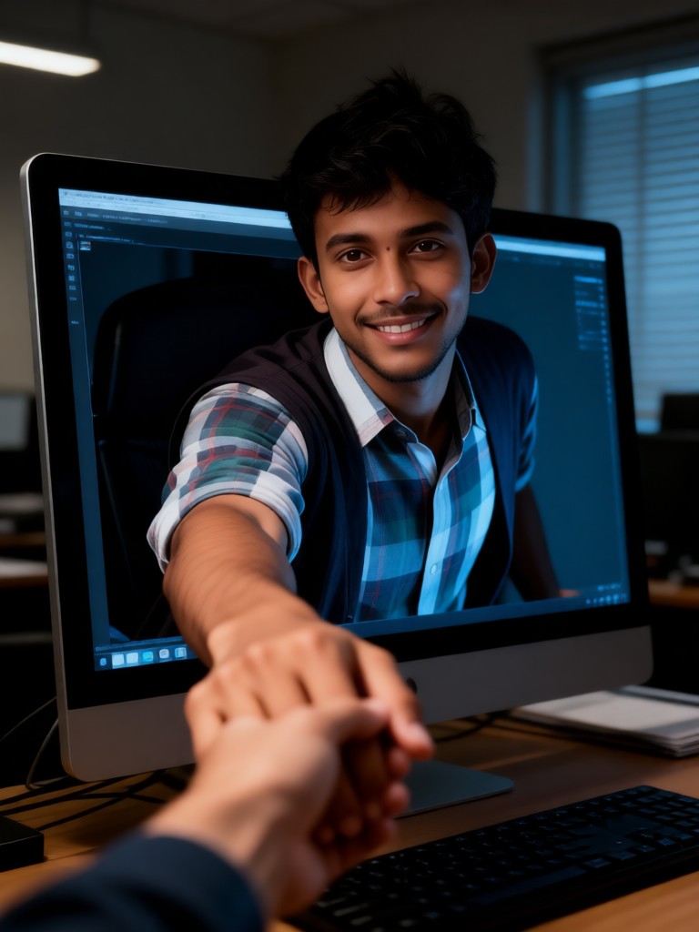 Get out of the computer screen and shake hands image