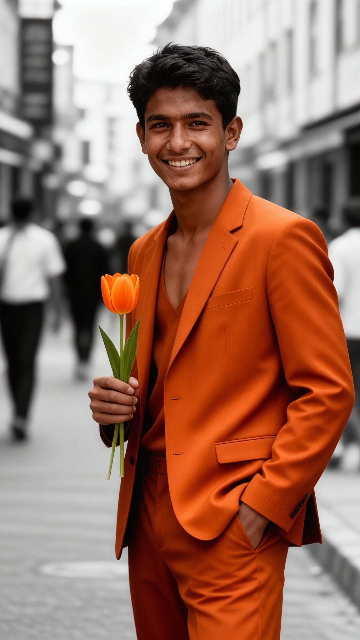 The gentle orange of the black and white neighborhood image