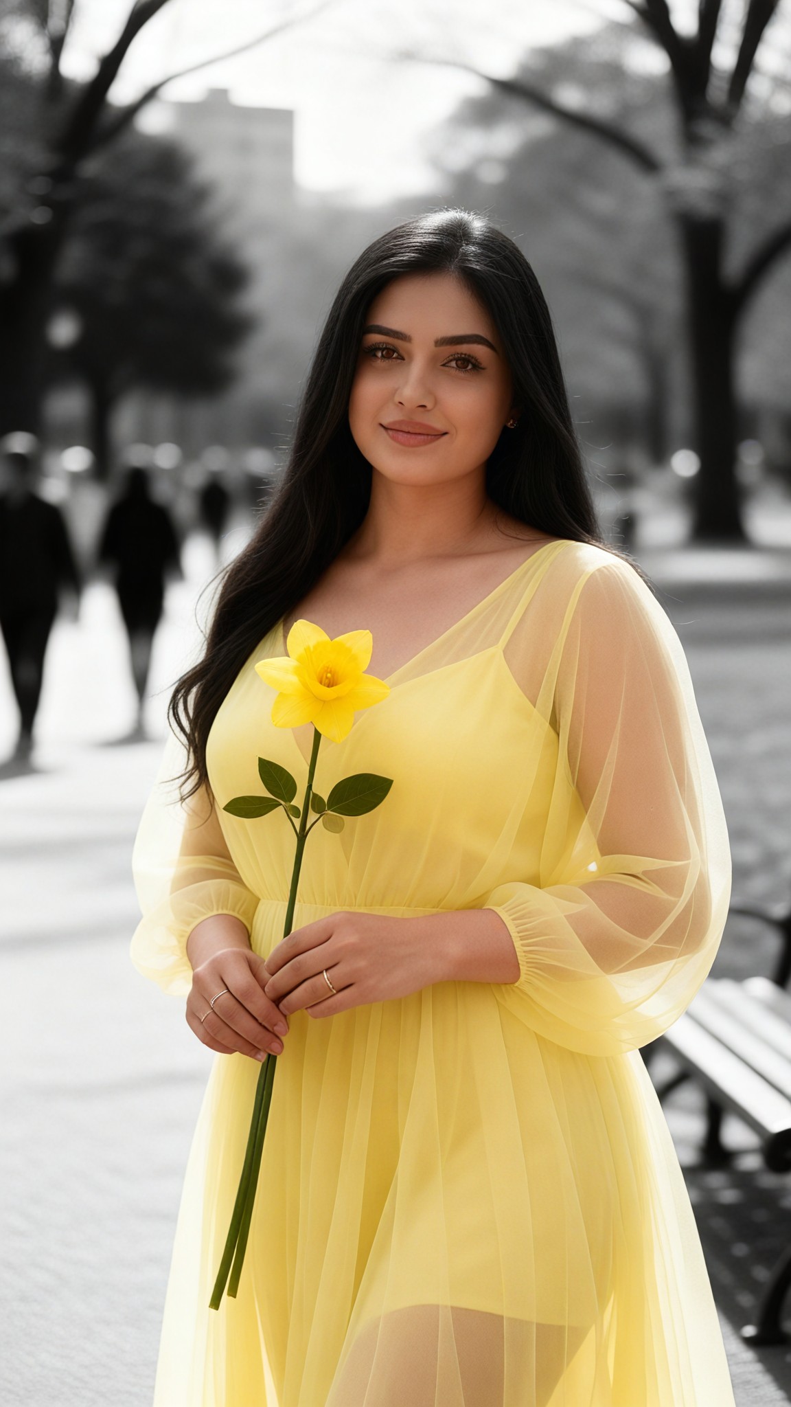 Yellow daffodils in the black-and-white park image