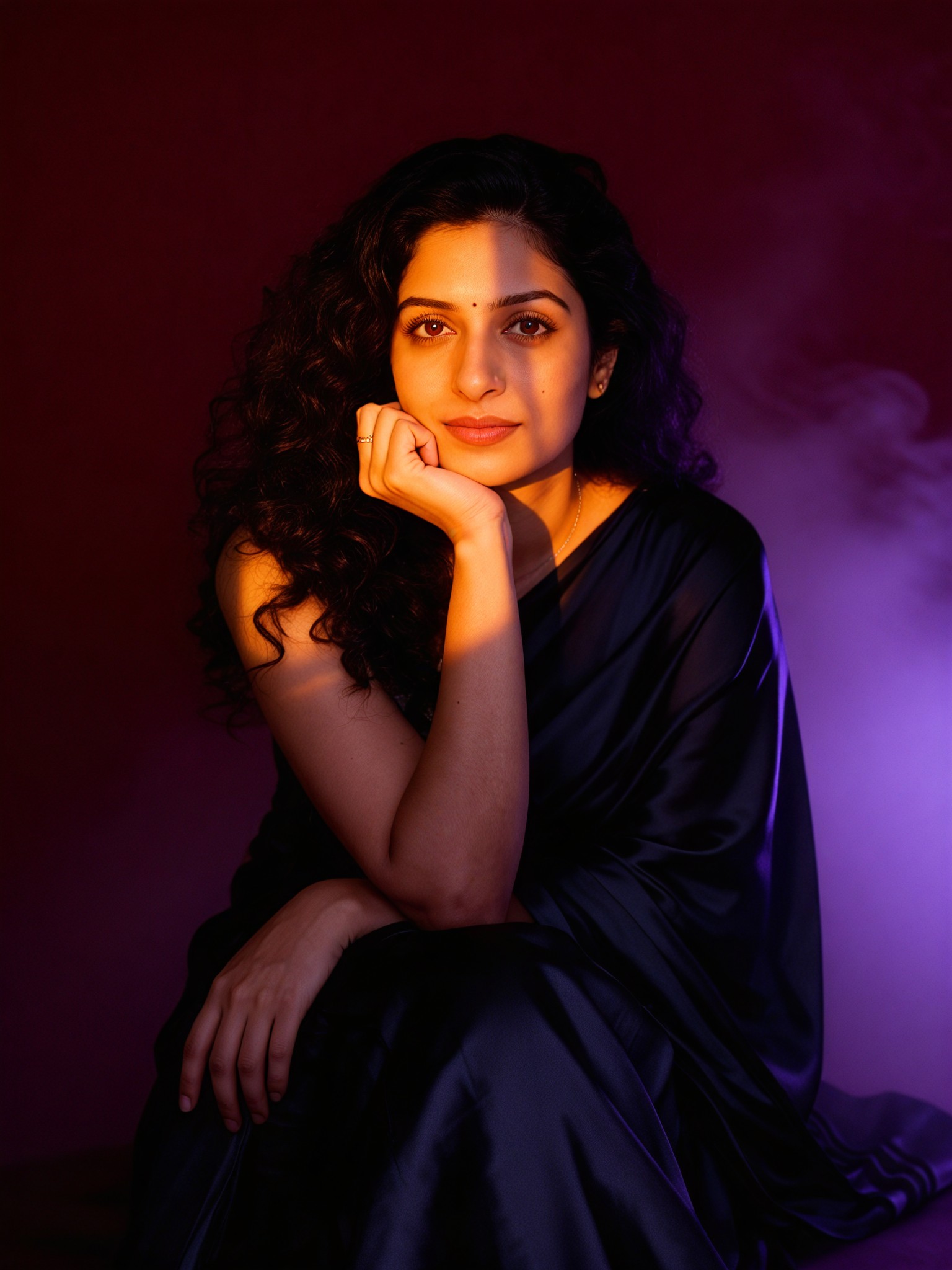 Artistic portrait with burgundy smoke background image