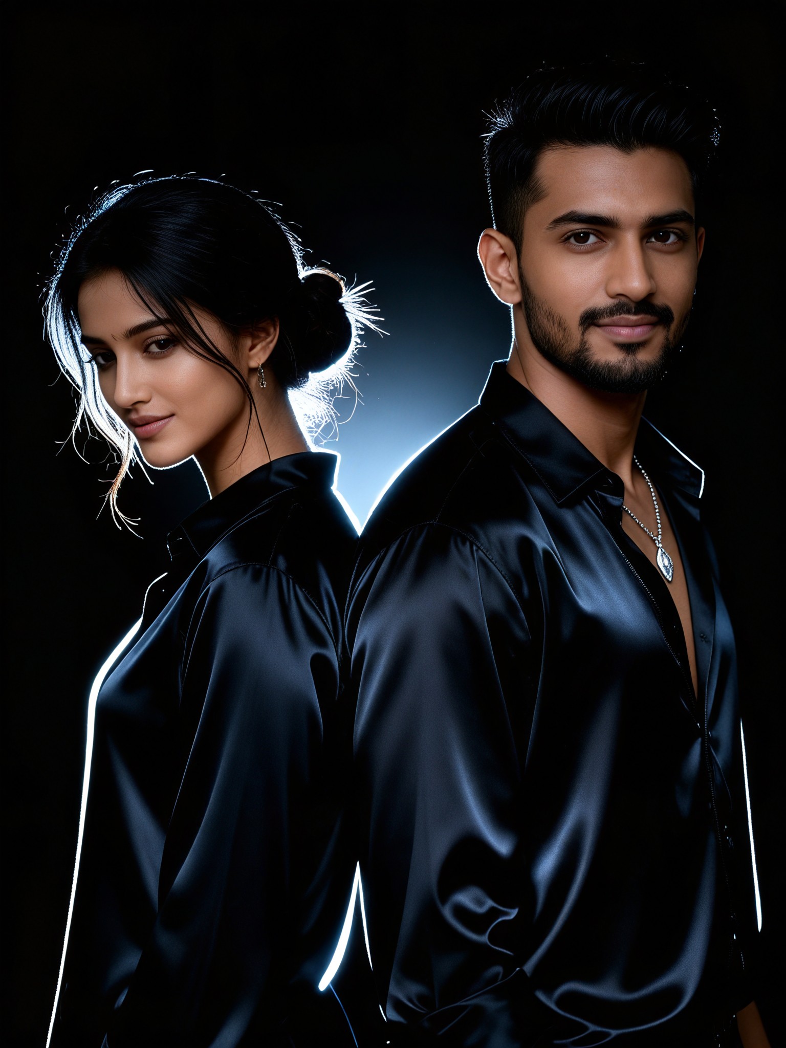 Artistic couple portrait with backs to each other image