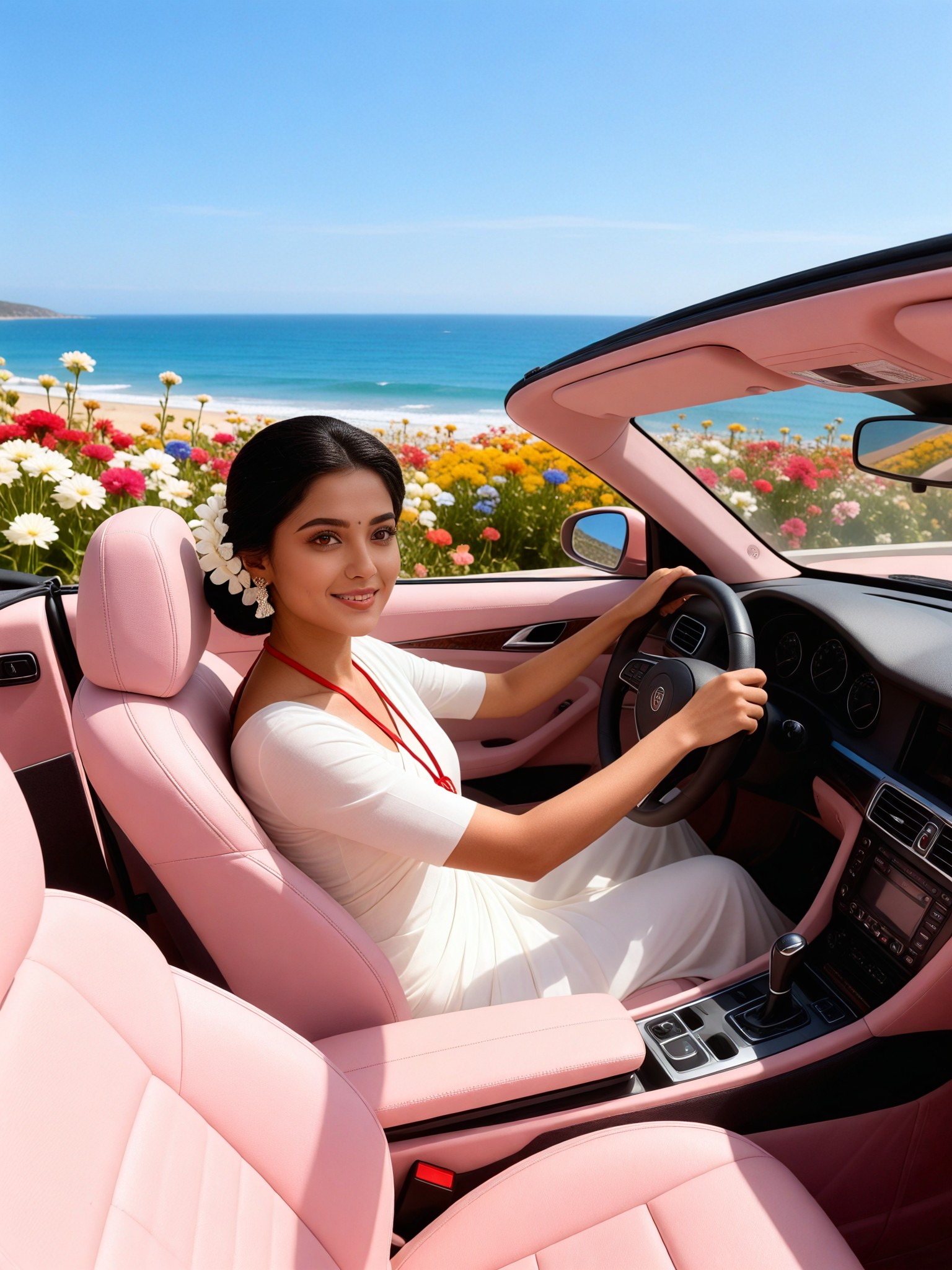 Beautiful woman in a sea of flowers with a pink sports car image