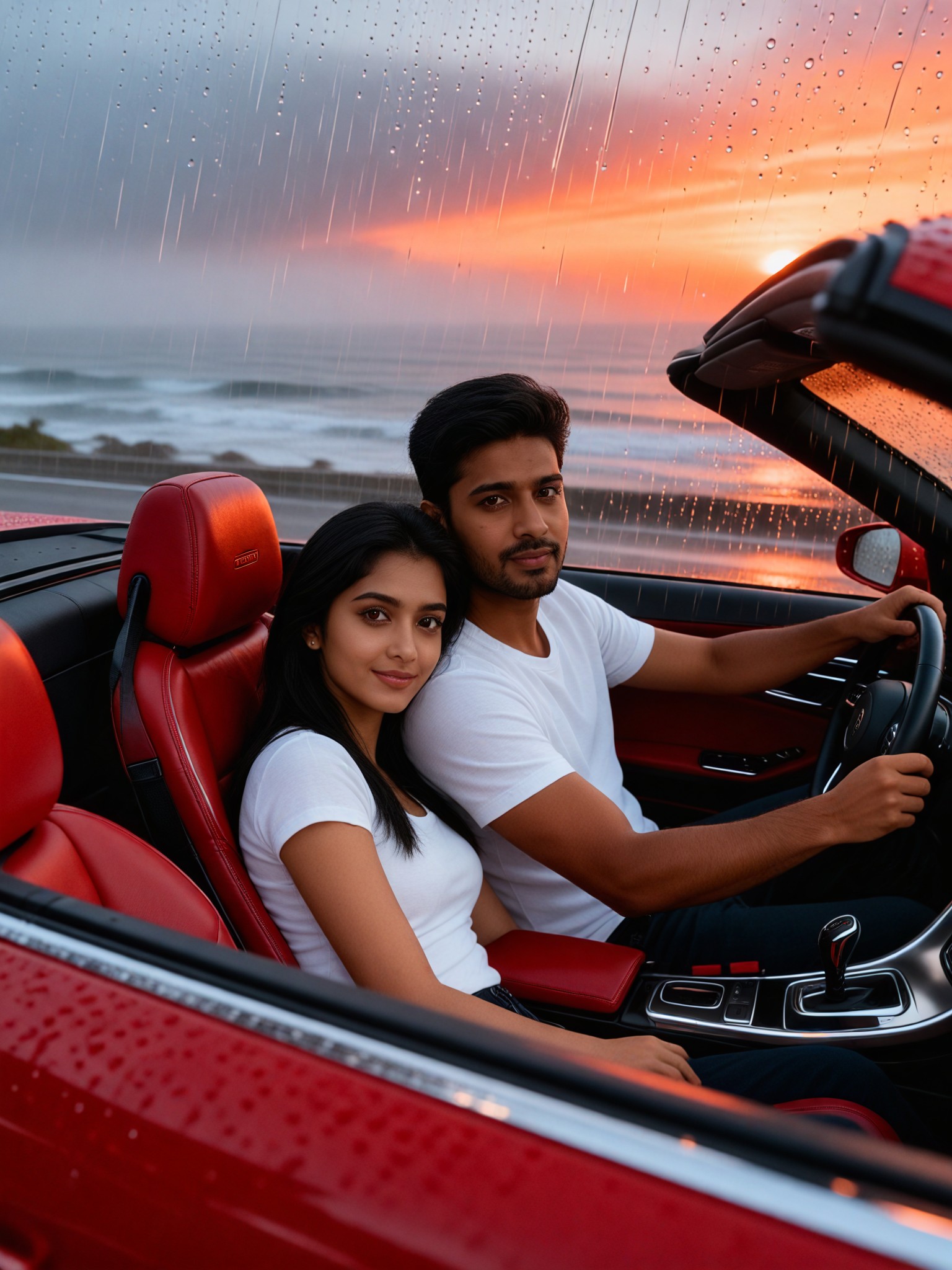 Couple driving a supercar on a rainy day image