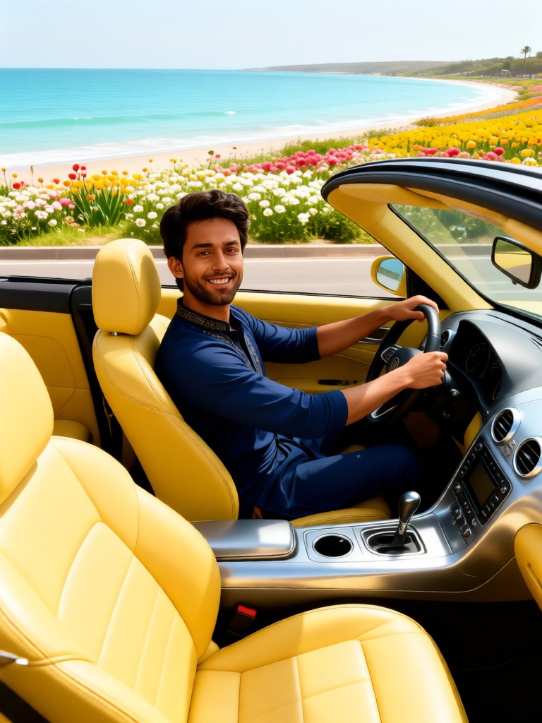 A sports car drives through a sea of flowers image