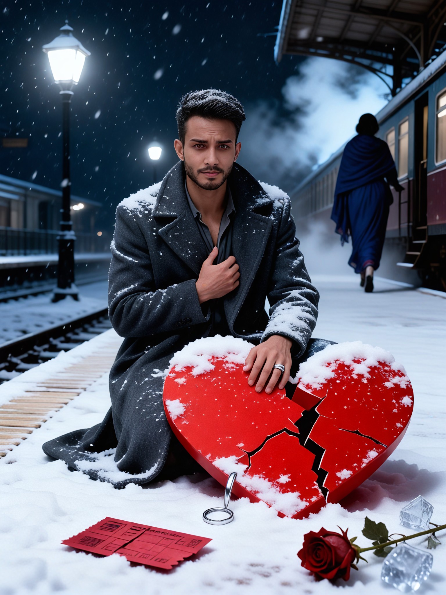 A sad man breaking up on a snowy night image
