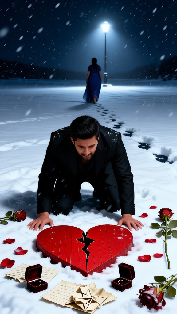 A sad man on a snowy night image