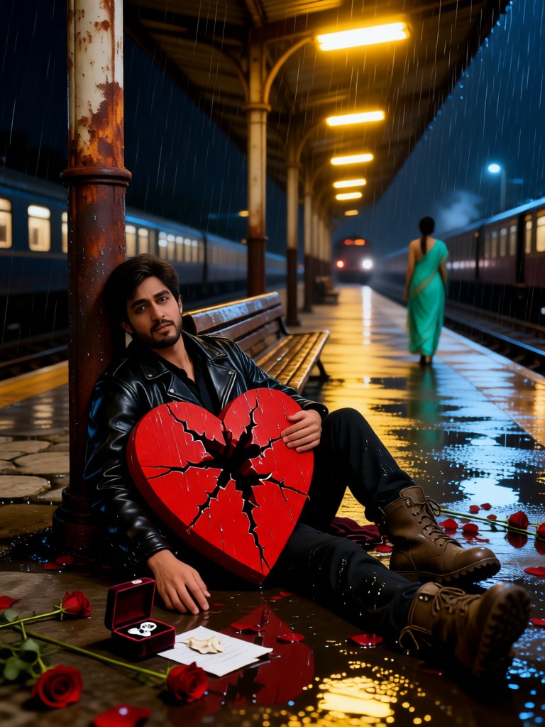 Sad man at the railway station on a rainy night image