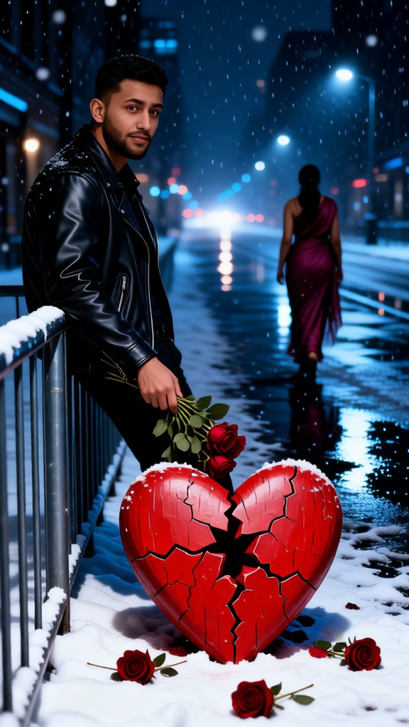Heartbroken man who lost love on a snowy night image