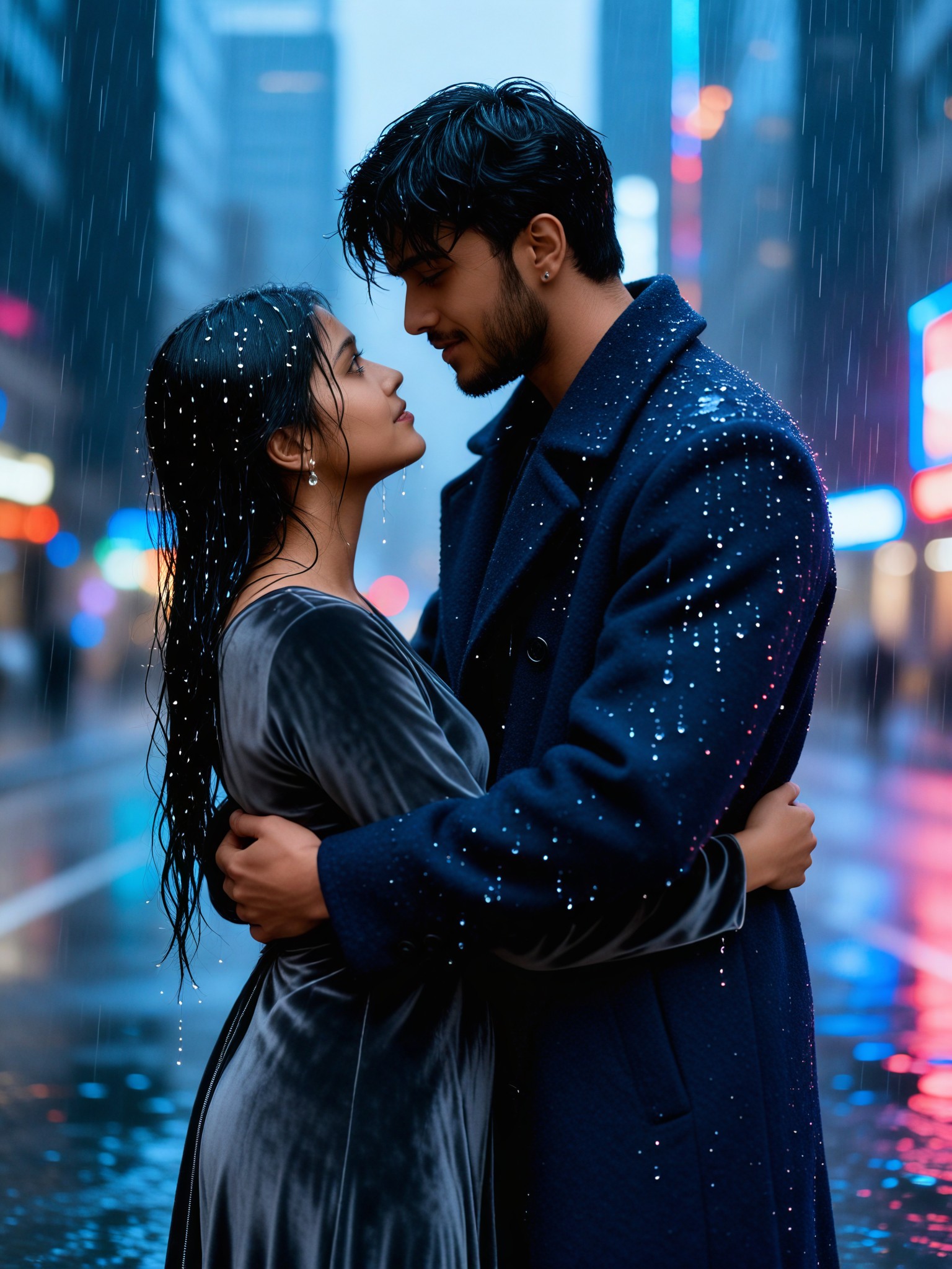 A couple embracing in the rain image