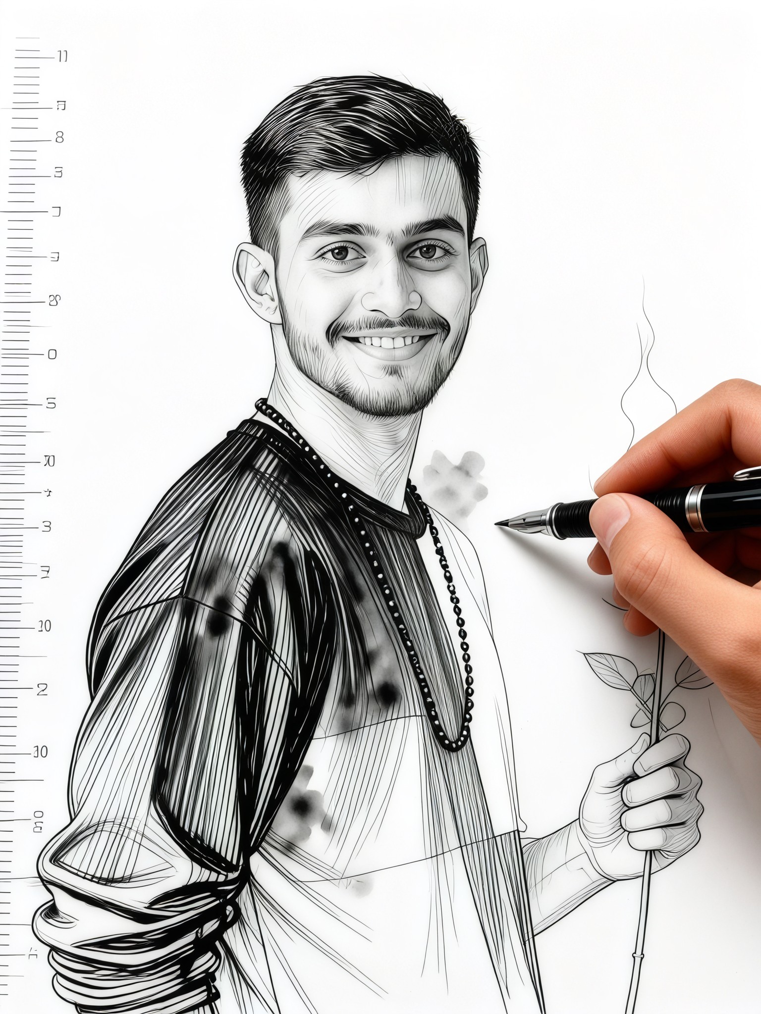 Realistic pen line drawing portrait image