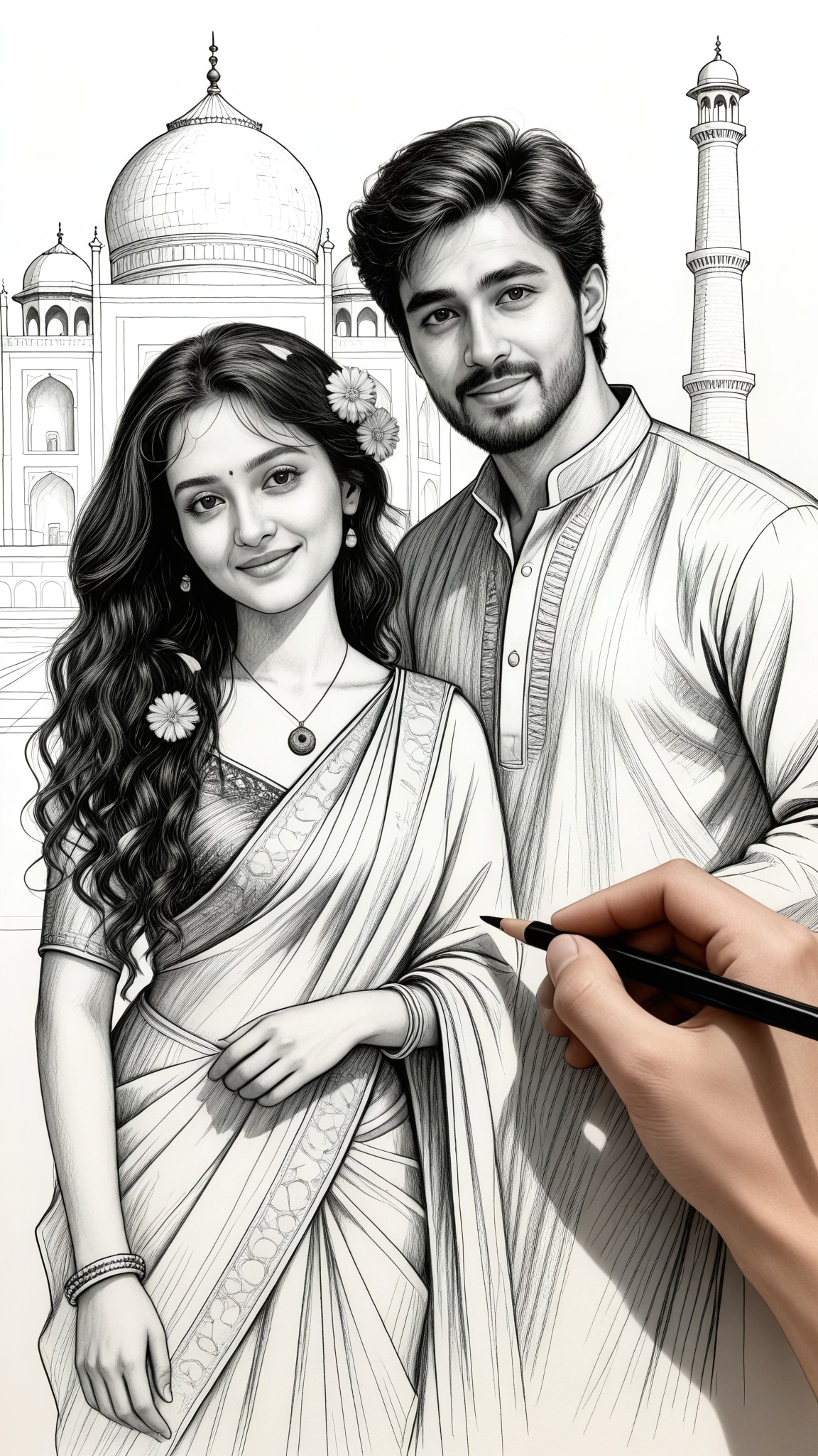 Hand-drawn Sketch Portrait of Taj Mahal Lovers image