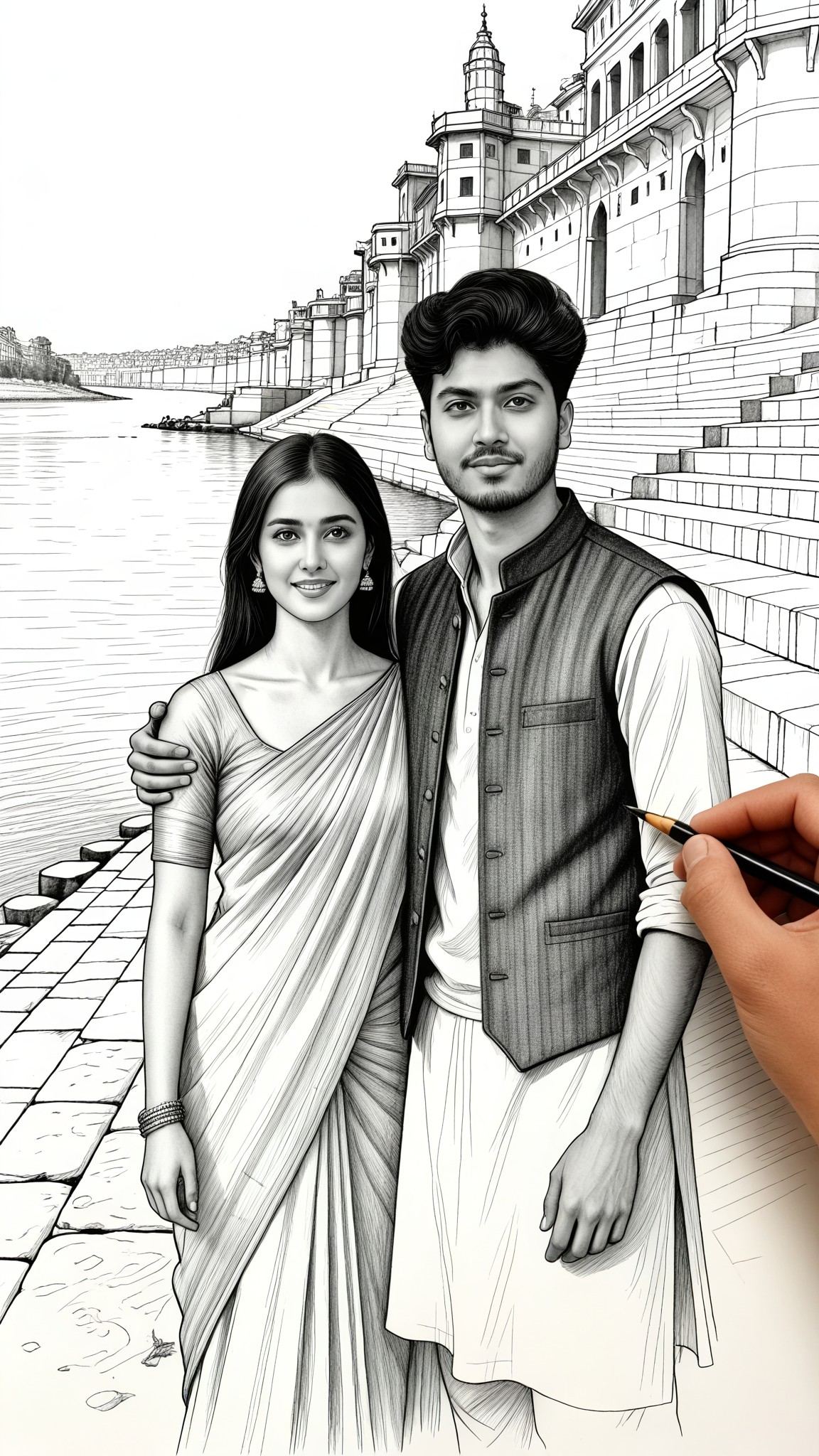 Hand-drawn pencil sketch portrait of the Ganges image