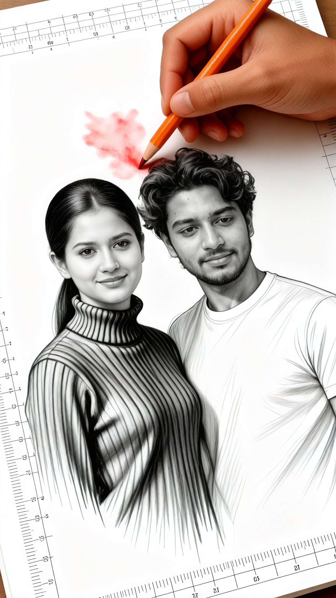 Hand-drawn portrait of a couple in black and white charcoal image