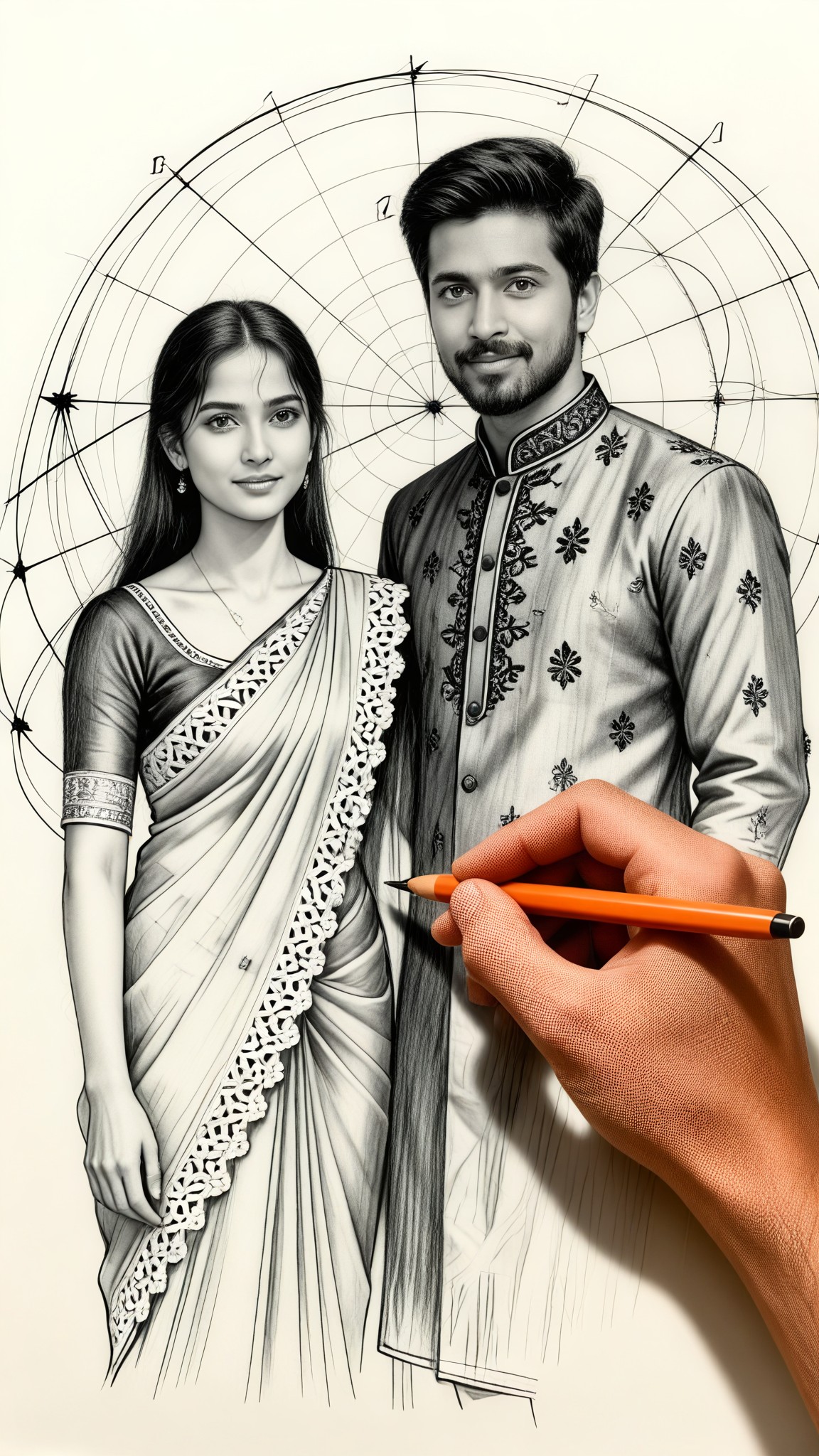 Couple astronomical background black and white charcoal style image