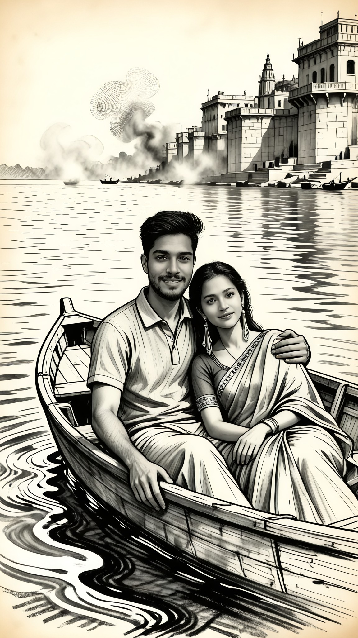 Casal navegando no Ganges, estilo de esboço de carvão image