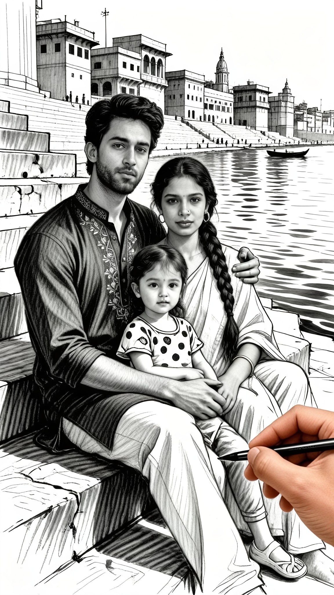 A family of three traveling on the Ganges in pencil style image