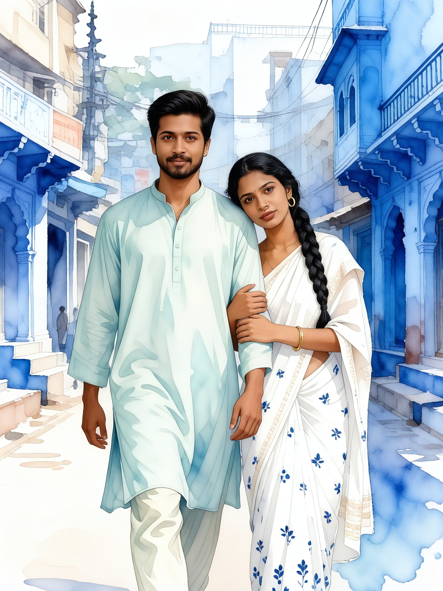 Couple in Indian Blue City Watercolor Content Style image