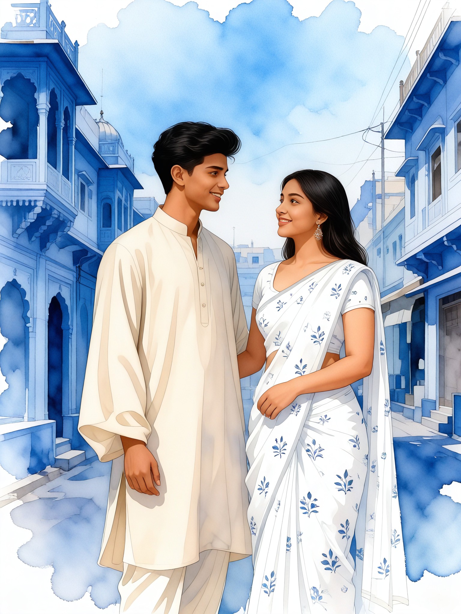 Romantic Couple in Blue City Watercolor Content Style image