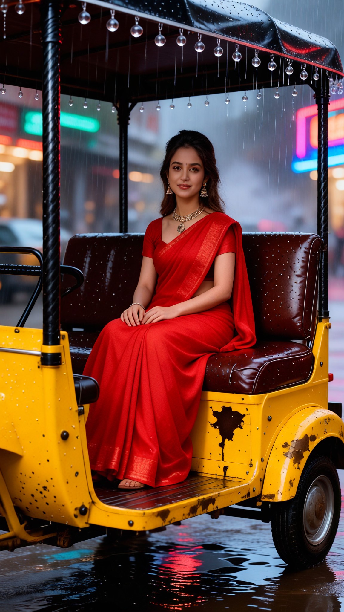 Beautiful woman on a tricycle on a rainy night in Mumbai streets image