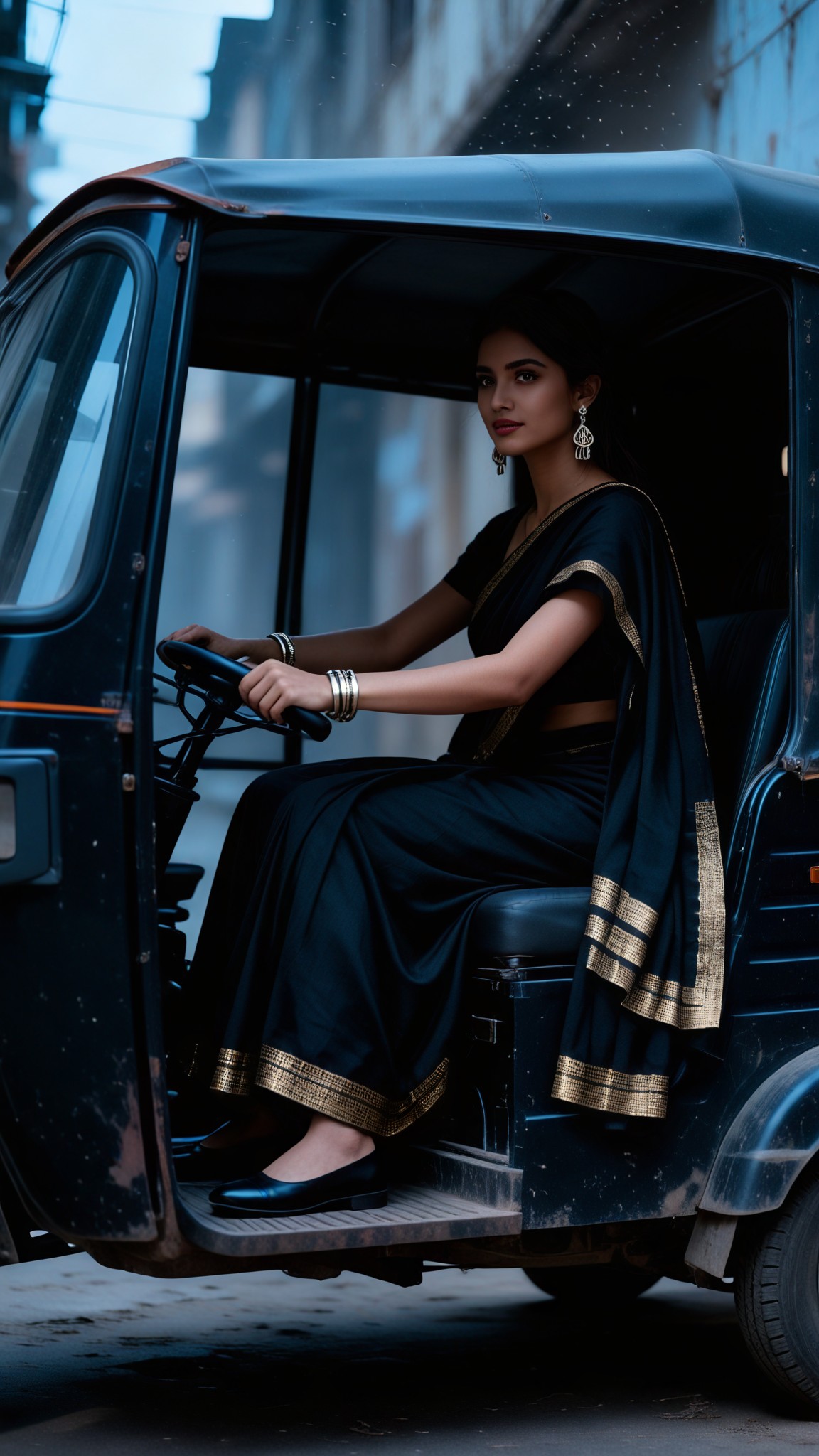 Dark film-style tricycle vehicle image