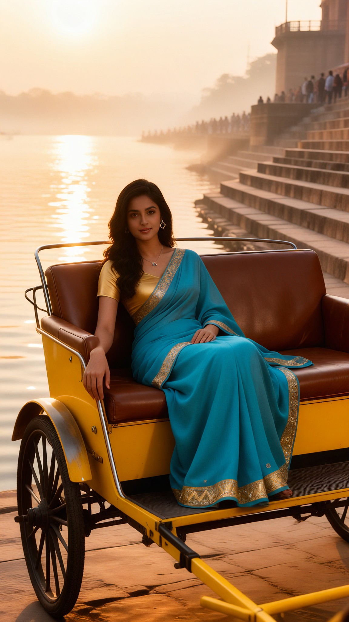 Three-wheeled vehicle under the setting sun of the Ganges image