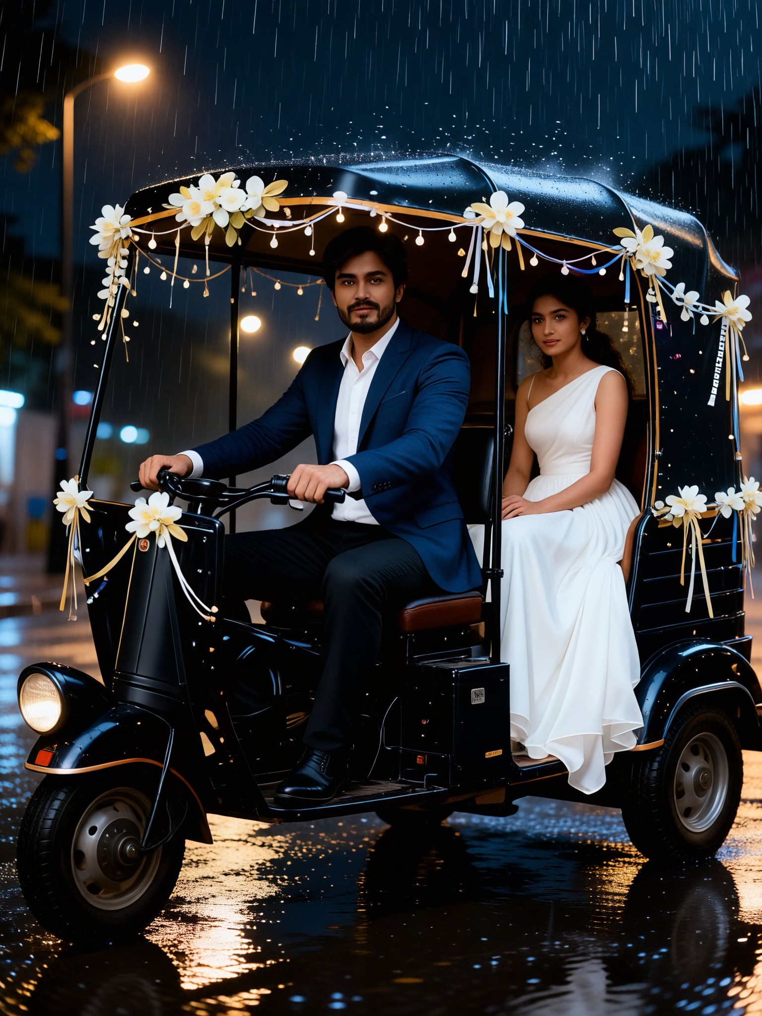 Romantic Couple's Tricycle Ride on a Rainy Night image