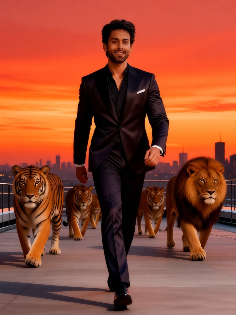 The lion and the tiger are behind image