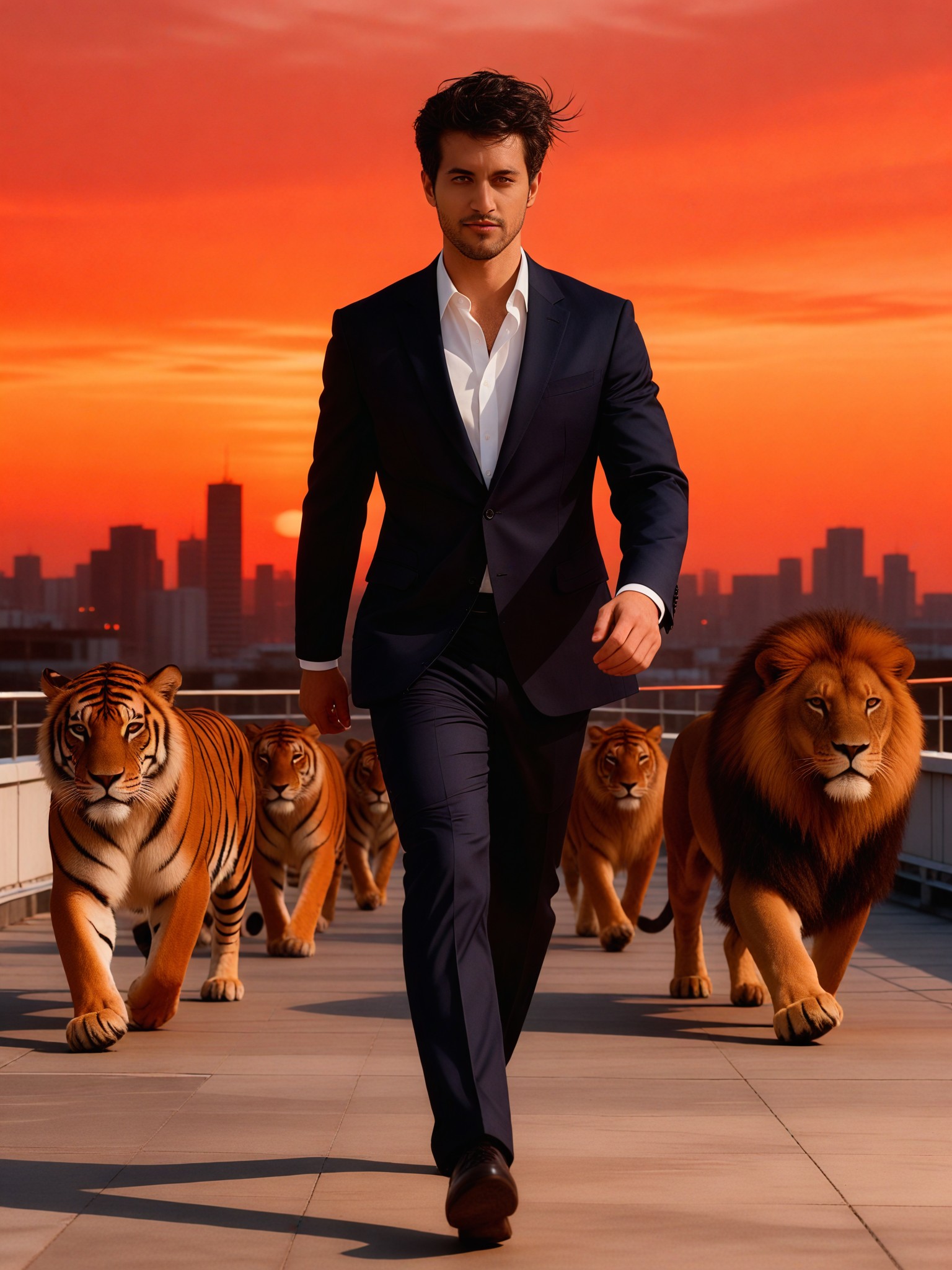 The lion and the tiger are behind image