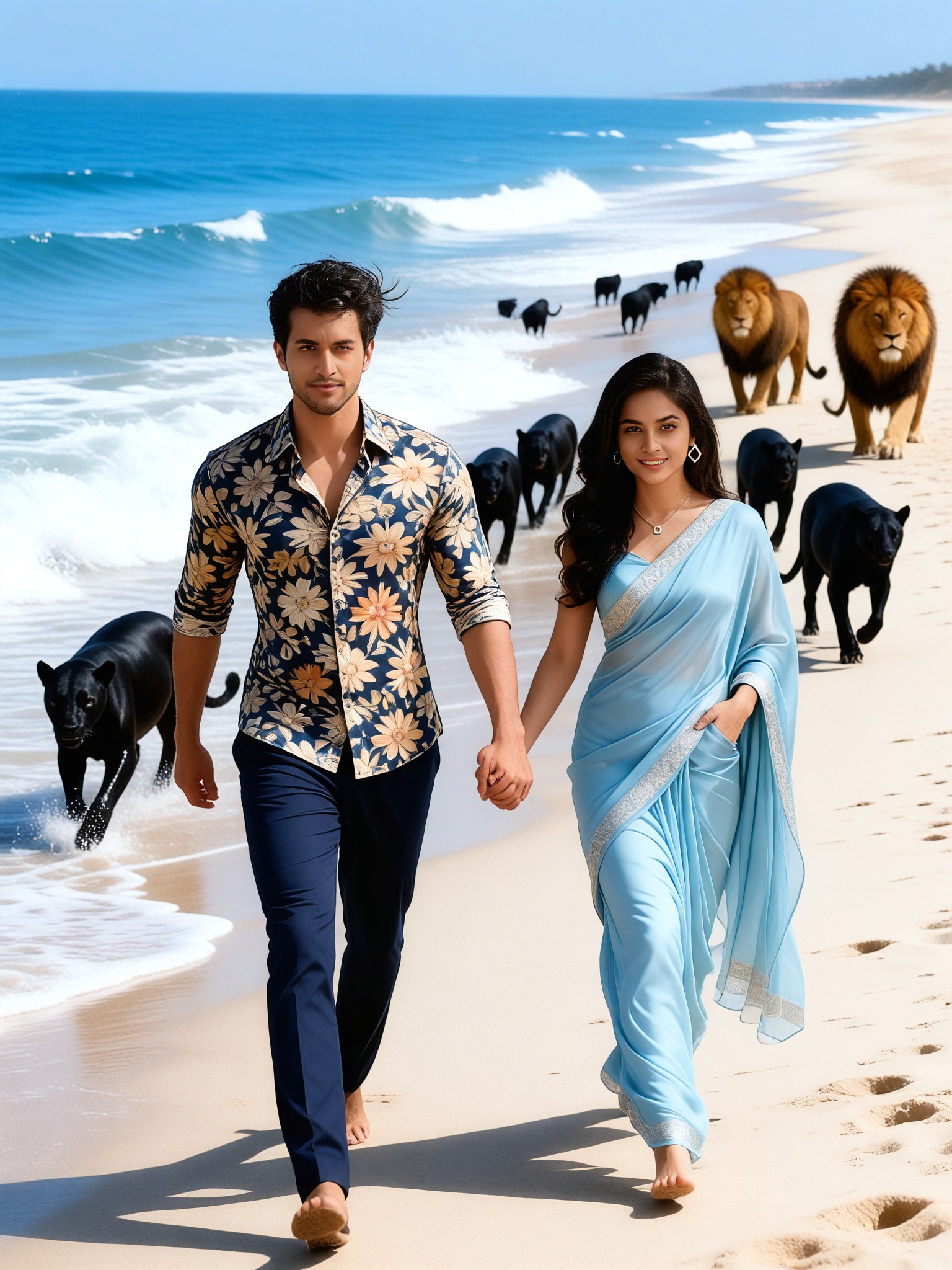 The black panther and the elephant are behind. image