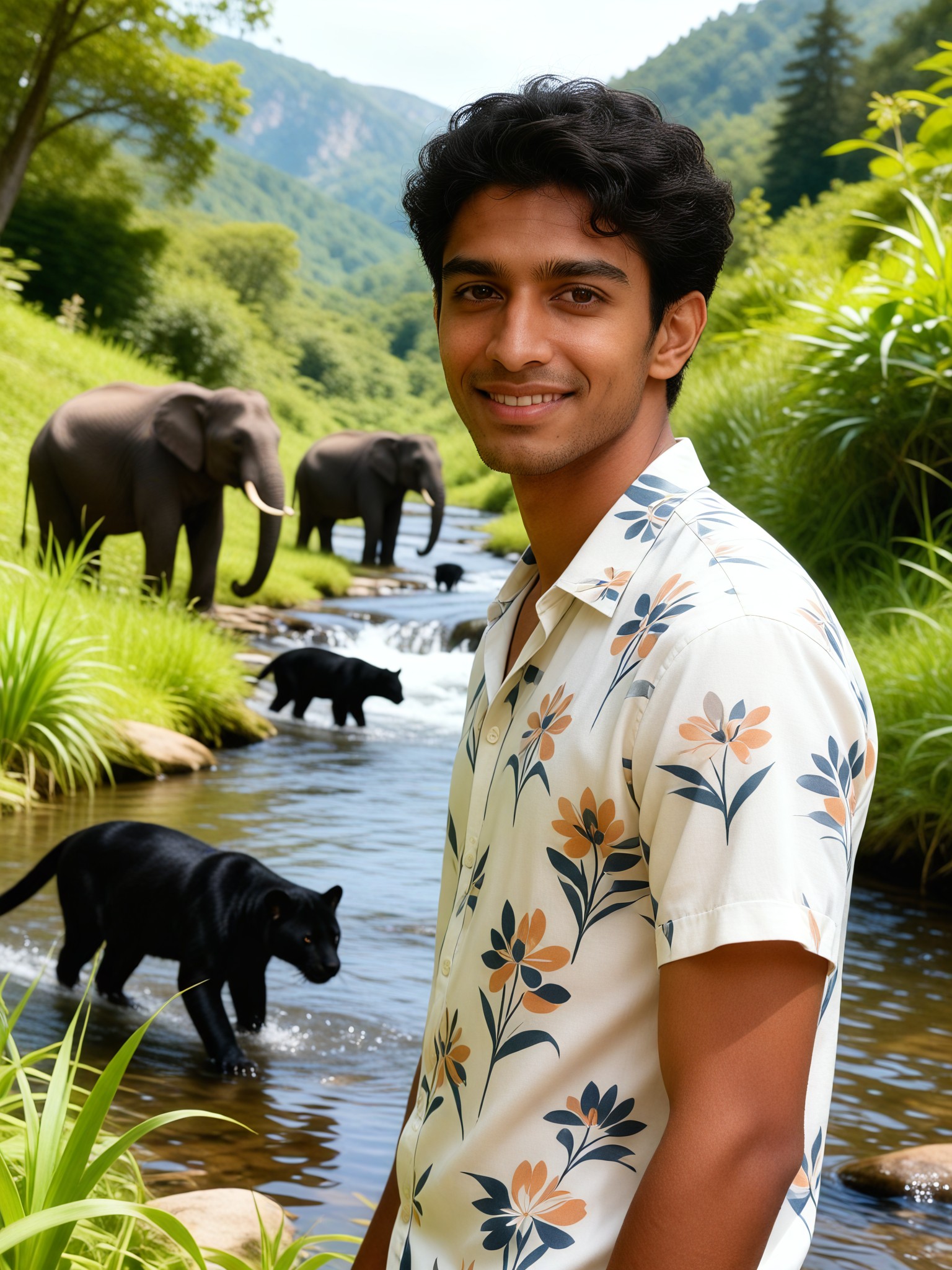 The black panther and the elephant are behind. image