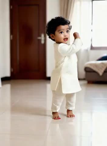 The cute baby happily dances image