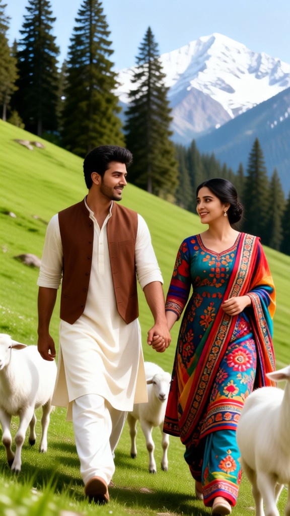 Couple herding sheep-p image