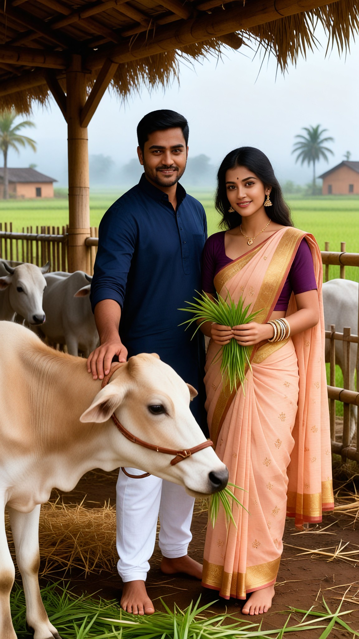 Couple feeding cattle image