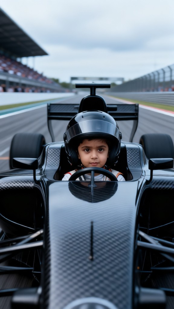 Children driving racing car image