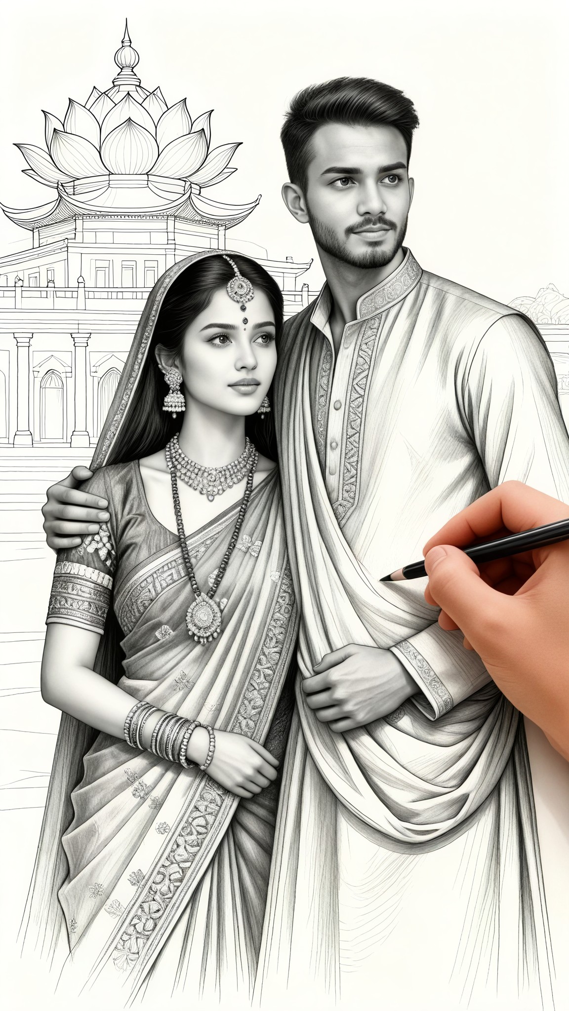 Hand-drawn pencil sketch portrait of a couple image