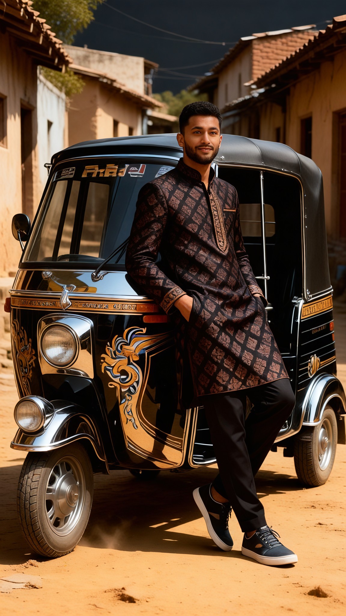 Leaning against an Indian rickshaw to look cool image