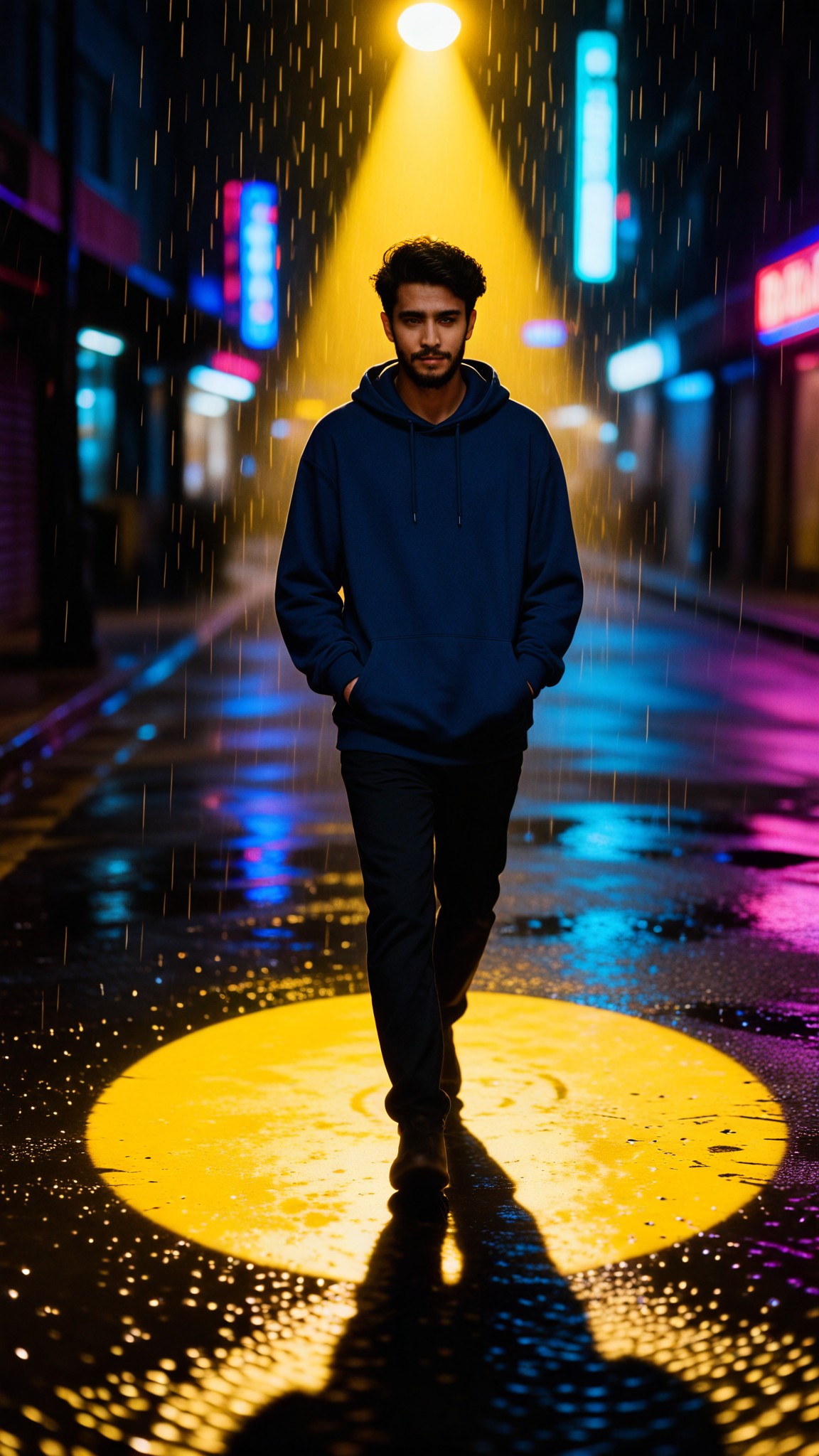 A sad man under the spotlight on a rainy night image