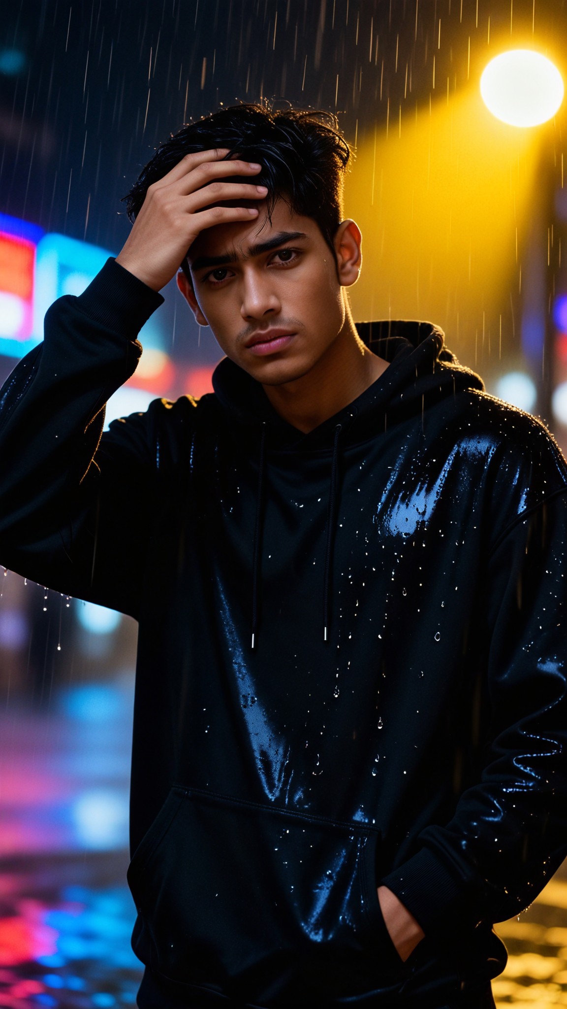 A sad man in the rainy night image