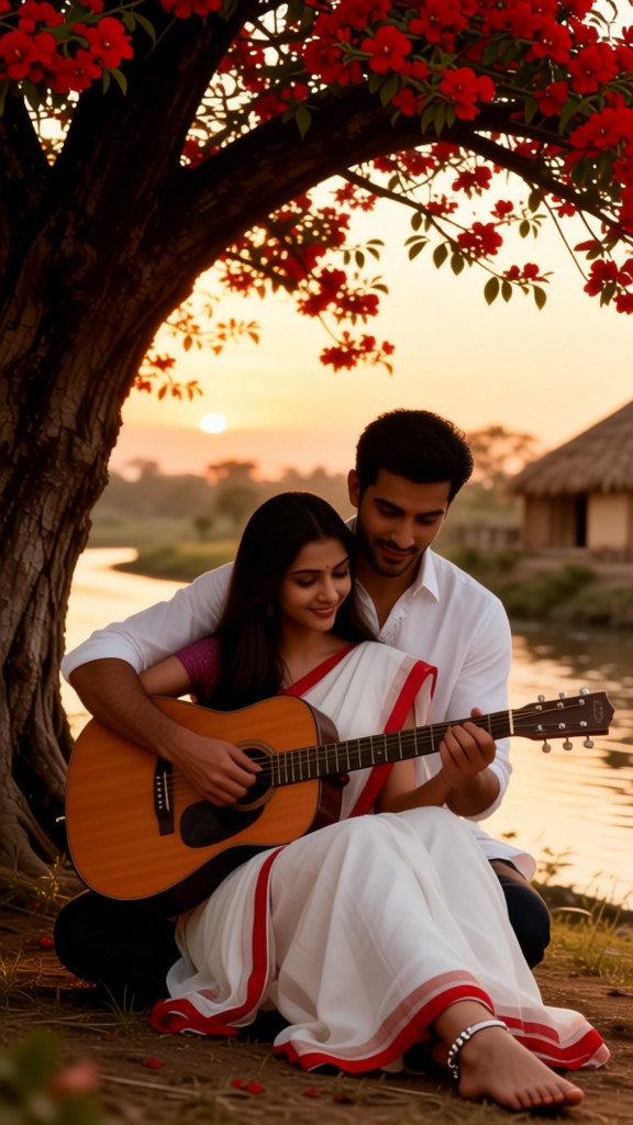 Playing guitar under the tree-v image