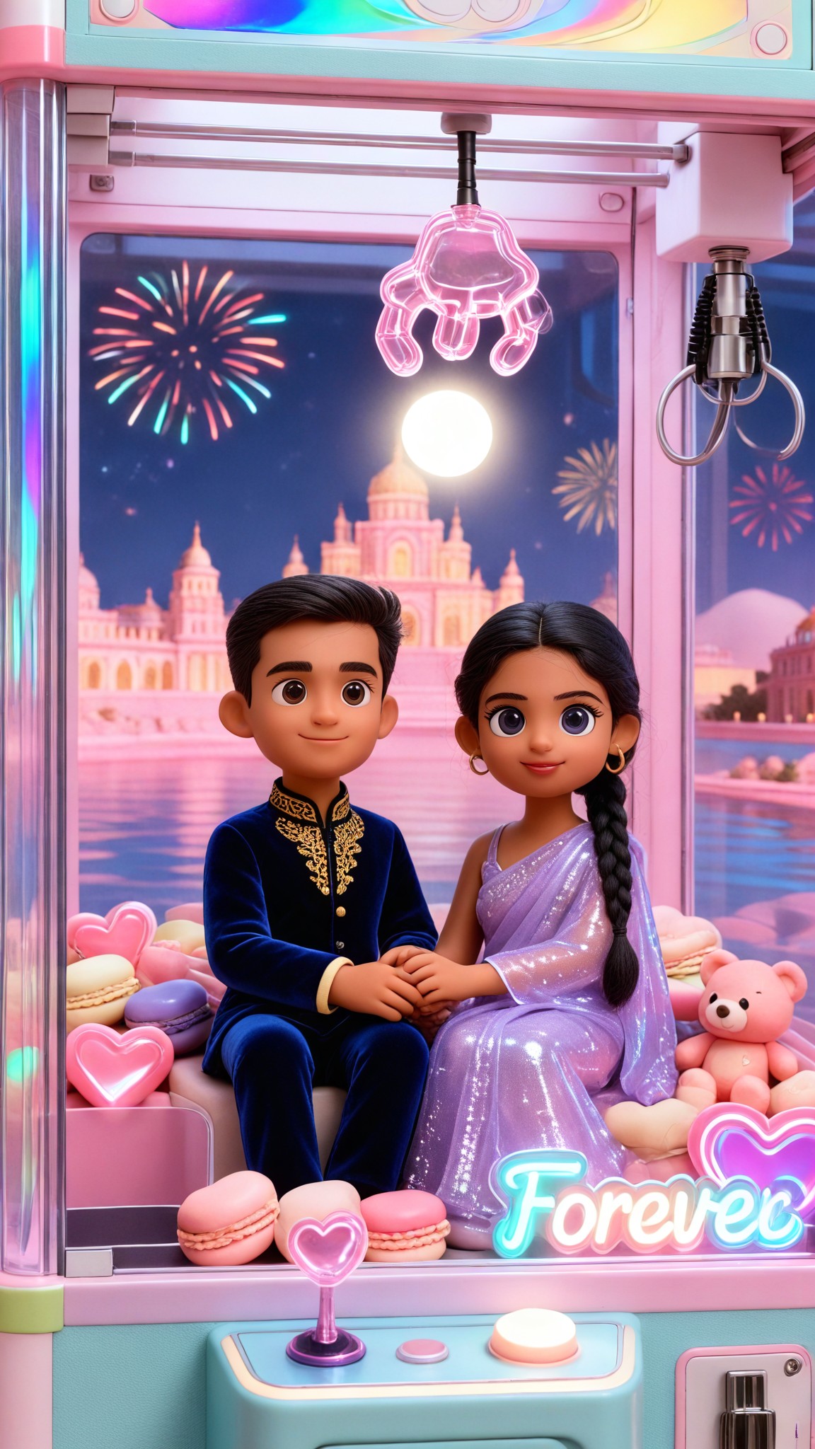 3D Cartoon of Romantic Couple in Claw Machine image