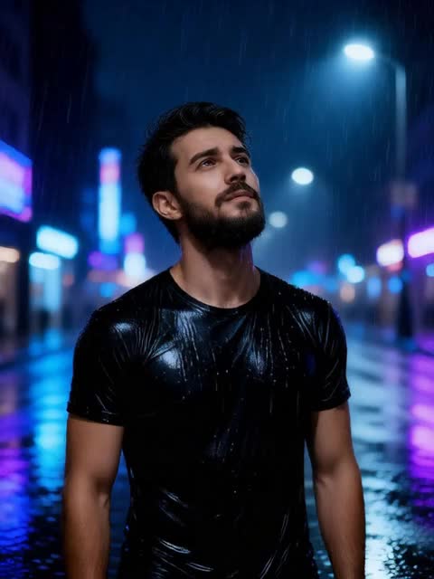 AI girlfriend hugs melancholy man in the heavy rain image
