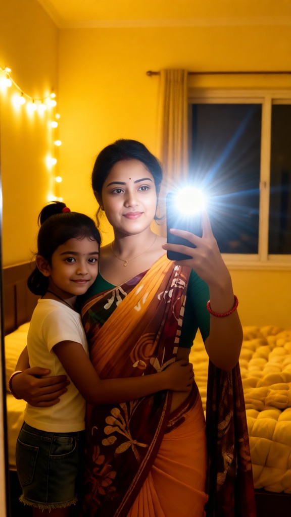 Mother and child taking a selfie in front of the mirror image