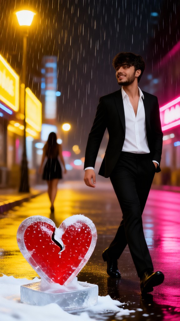 A confident man walking away after a breakup on a neon-lit street image