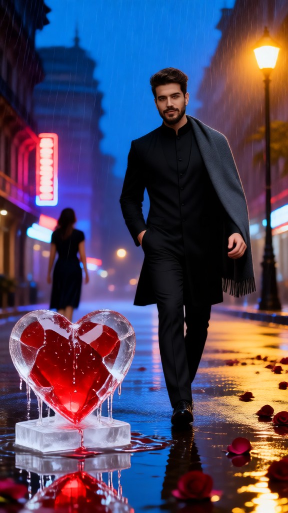 Parting on a rainy night street, leaving confidently image