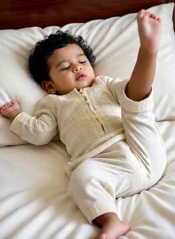 The baby crosses their legs and calls 'papa'. image
