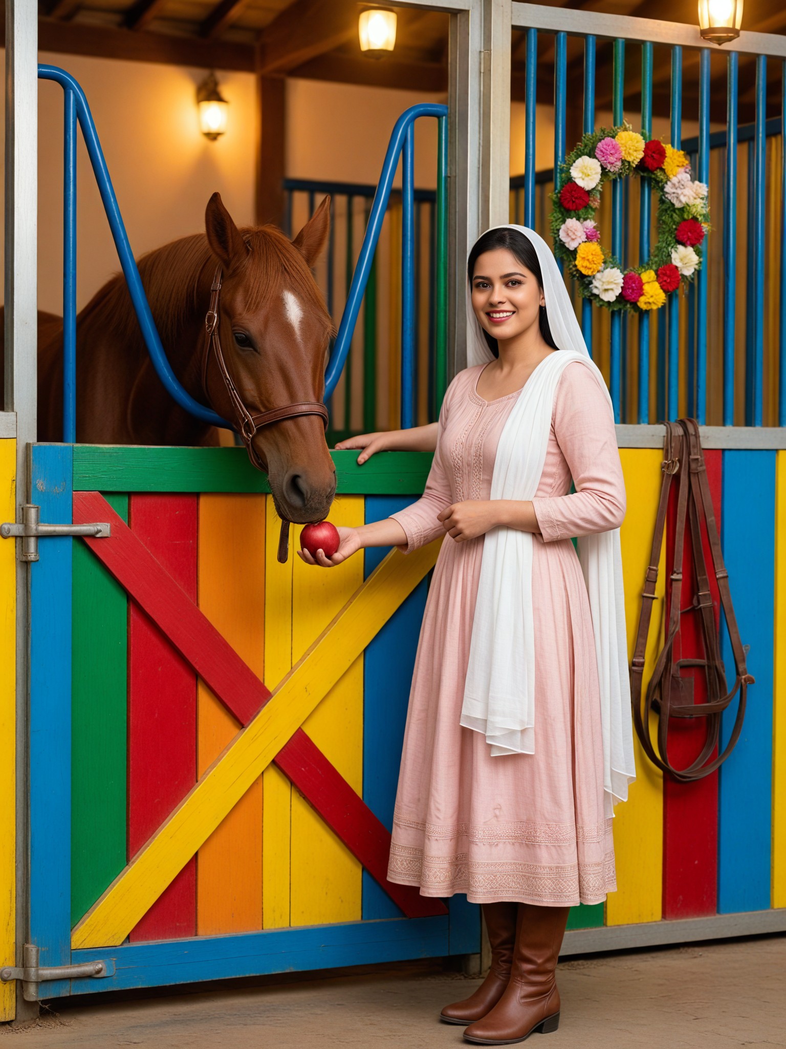 Colorful Stable Horse Feeding Portrait image