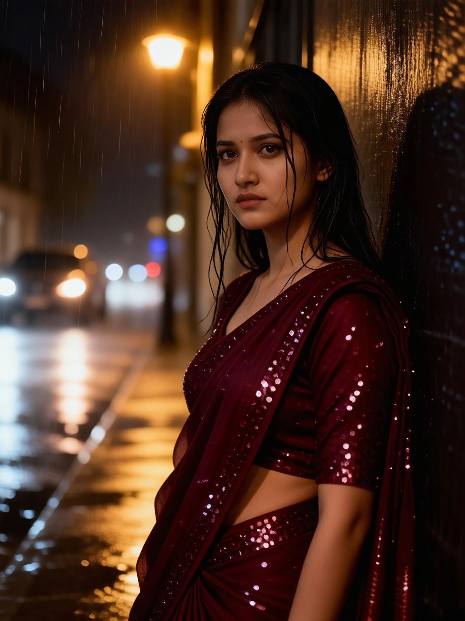 Vintage Red Saree Rain Gaze image
